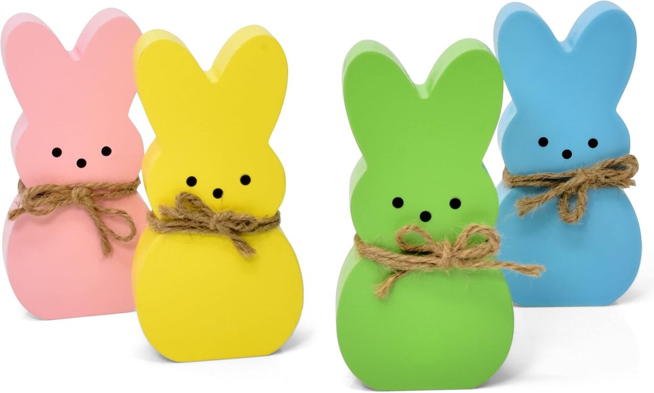4 Easter Bunny Peeps Table Decorations Centerpieces Wooden Spring Shaped Peep Bunnies Rabbit Tiered Tray & Table Top Sign Decor for Mantle Home Wood Rustic Farmhouse Party Supplies